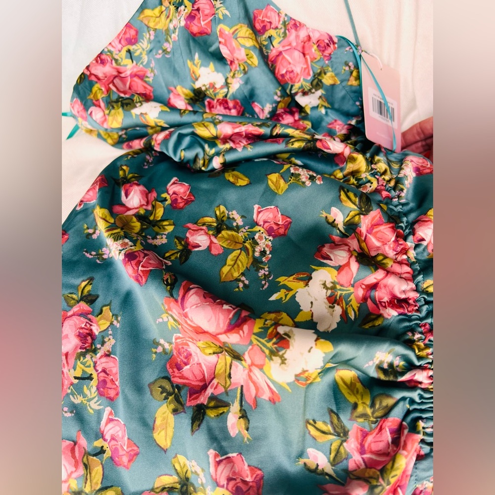 HELLO MOLLY ONE SHOULDER SATIN MAXI DRESS GREEN W PINK FLORAL SIZE XSMALL NWT - Picture 9 of 17